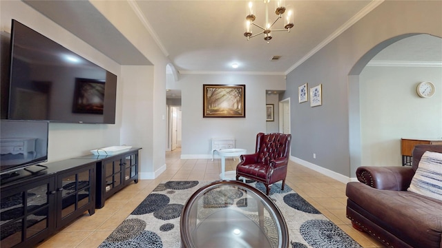 1309 Bayswater Dr, Houston, TX 77047 - living area featuring arched walkways, light tile patterned flooring, a chandelier, and ornamental molding