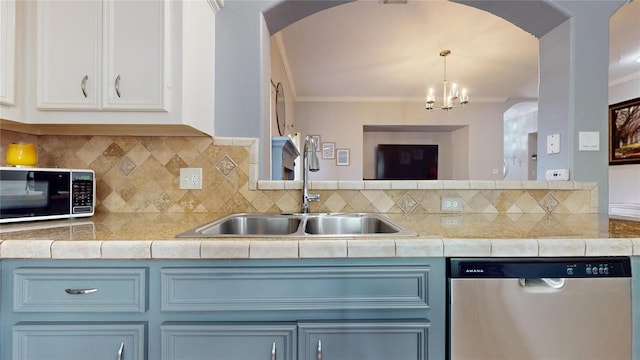 1309 Bayswater Dr, Houston, TX 77047 - kitchen featuring stainless steel dishwasher, arched walkways, crown molding, a chandelier, and white cabinets