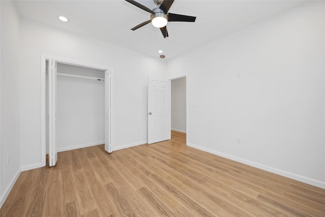 8923 De Priest St, Houston, TX 77088 - unfurnished bedroom with light wood-style floors, recessed lighting, a ceiling fan, and a closet