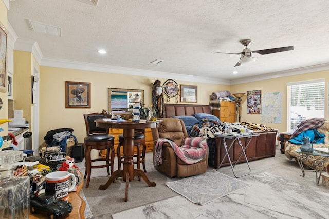 355 Cumberland Trl, Conroe, TX 77302 - living room featuring ceiling fan, a textured ceiling, ornamental molding, and recessed lighting