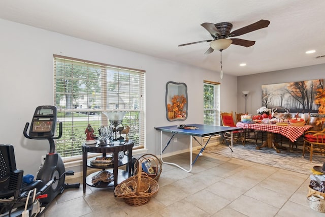355 Cumberland Trl, Conroe, TX 77302 - game room featuring ceiling fan, recessed lighting, and tile patterned flooring