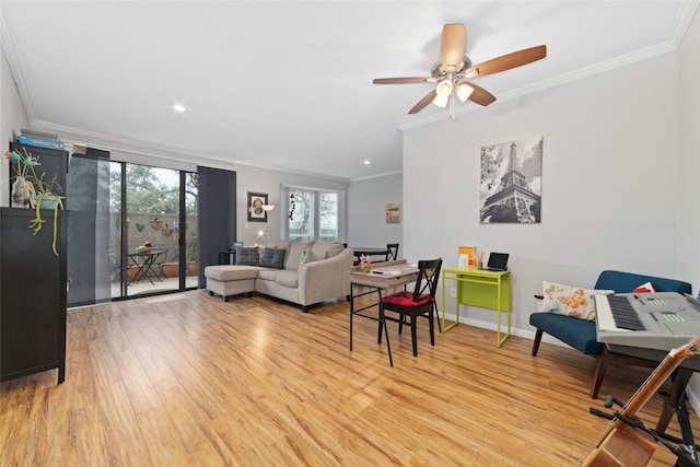 2400 N Braeswood Blvd Unit 108, Houston, TX 77030 - living room with ornamental molding, wood finished floors, a ceiling fan, and recessed lighting