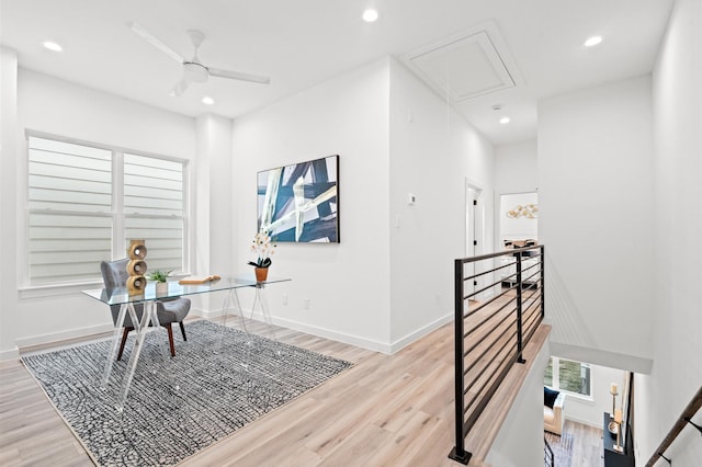 6417 Madrid St, Houston, TX 77021 - office area featuring attic access, light wood-type flooring, recessed lighting, and a ceiling fan