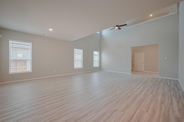 27222 Clear Breeze Dr, Katy, TX 77493 - unfurnished room with ceiling fan, high vaulted ceiling, recessed lighting, and light wood-style flooring