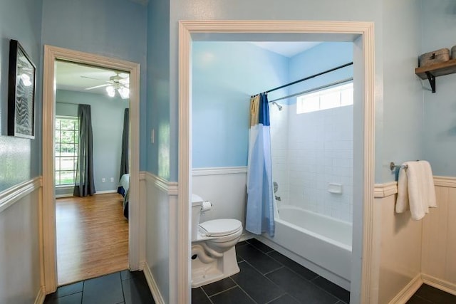 22035 Buescher Rd, Tomball, TX 77377 - full bathroom featuring shower / tub combo with curtain, tile patterned flooring, and ceiling fan