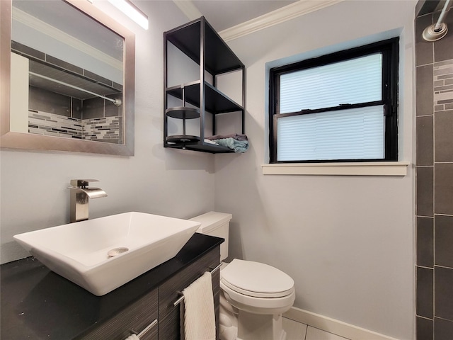 5439 Loch Lomond Dr, Houston, TX 77096 - full bathroom featuring ornamental molding, a tile shower, and vanity