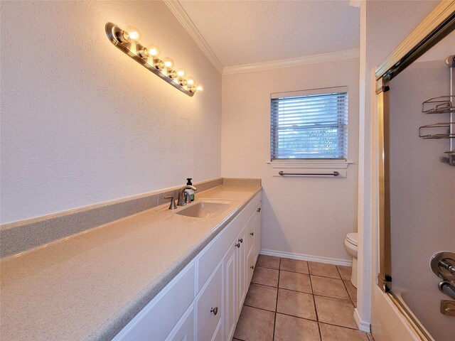 5439 Loch Lomond Dr, Houston, TX 77096 - bathroom with vanity, crown molding, tile patterned floors, tub / shower combination, and a textured ceiling