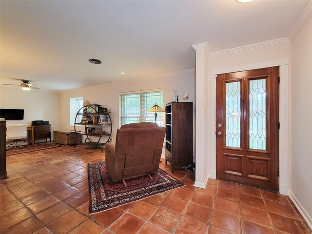 5439 Loch Lomond Dr, Houston, TX 77096 - foyer entrance with crown molding and a ceiling fan