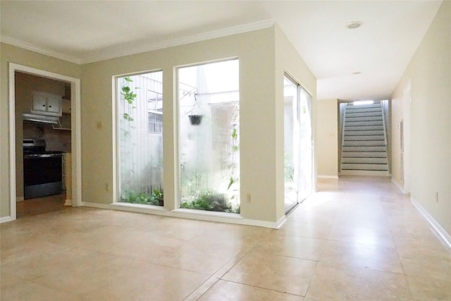 5 Tiffany Sq, Sugar Land, TX 77478 - hallway with tile patterned flooring, stairway, and crown molding