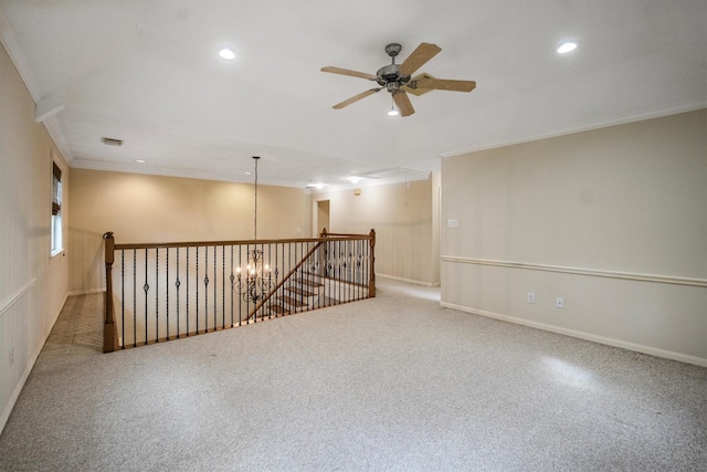 802 Lamonte, Houston, TX 77018 - empty room featuring ornamental molding, ceiling fan, recessed lighting, and carpet floors