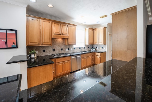 802 Lamonte, Houston, TX 77018 - kitchen with appliances with stainless steel finishes, crown molding, tasteful backsplash, dark stone counters, and recessed lighting