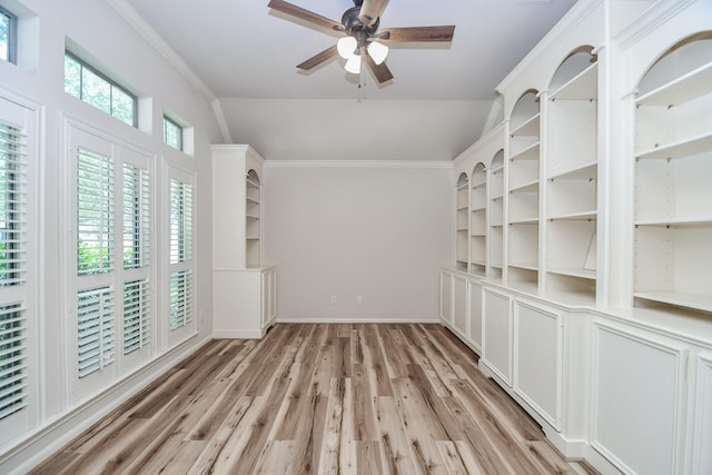 26622 Boulder Cove Ct, Katy, TX 77494 - empty room featuring lofted ceiling, light wood-style flooring, a ceiling fan, and ornamental molding