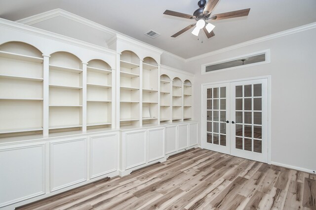 26622 Boulder Cove Ct, Katy, TX 77494 - empty room featuring french doors, light wood-type flooring, ceiling fan, and ornamental molding