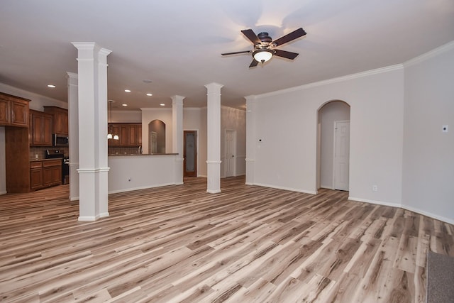 26622 Boulder Cove Ct, Katy, TX 77494 - unfurnished living room featuring ceiling fan, light wood finished floors, crown molding, and recessed lighting