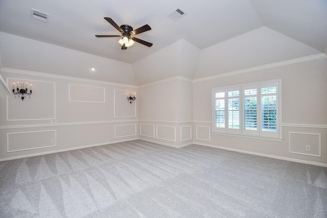 26622 Boulder Cove Ct, Katy, TX 77494 - unfurnished room with carpet flooring, a decorative wall, ceiling fan, wainscoting, and vaulted ceiling