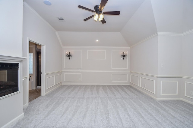 26622 Boulder Cove Ct, Katy, TX 77494 - additional living space with carpet floors, ceiling fan, vaulted ceiling, a decorative wall, and a wainscoted wall
