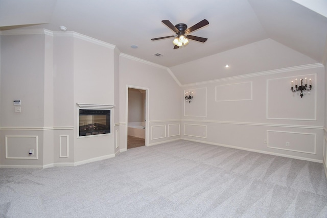 26622 Boulder Cove Ct, Katy, TX 77494 - additional living space featuring a decorative wall, carpet flooring, vaulted ceiling, ceiling fan, and a multi sided fireplace