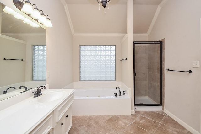 26622 Boulder Cove Ct, Katy, TX 77494 - full bathroom with vanity, ornamental molding, a tub with jets, a stall shower, and vaulted ceiling