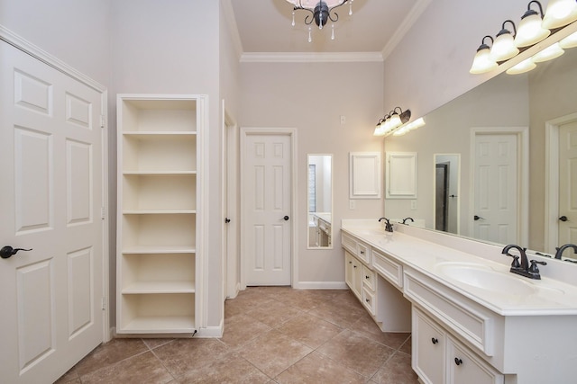 26622 Boulder Cove Ct, Katy, TX 77494 - full bath with double vanity, crown molding, tile patterned flooring, a high ceiling, and a chandelier