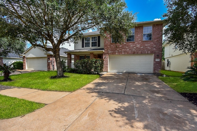 19727 Hon Ct, Katy, TX 77449 - traditional-style home with brick siding, a front yard, an attached garage, and driveway