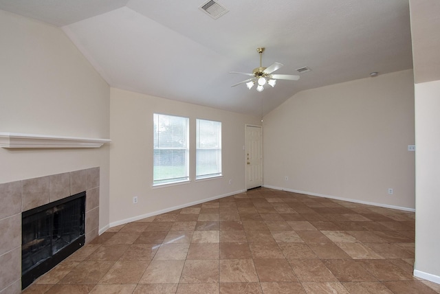 19727 Hon Ct, Katy, TX 77449 - unfurnished living room featuring lofted ceiling, a ceiling fan, and a tiled fireplace