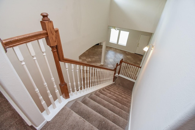 19727 Hon Ct, Katy, TX 77449 - stairs featuring carpet floors and ceiling fan