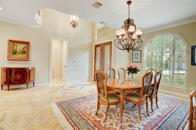 3207 Riviera Dr, Sugar Land, TX 77479 - dining room with ornamental molding, a chandelier, and french doors