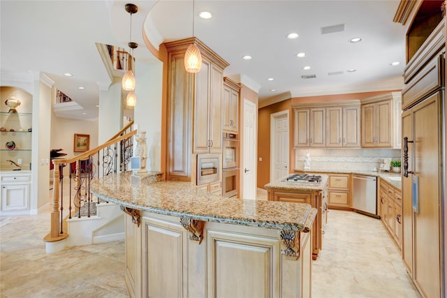 3207 Riviera Dr, Sugar Land, TX 77479 - kitchen with appliances with stainless steel finishes, ornamental molding, a peninsula, light stone countertops, and recessed lighting