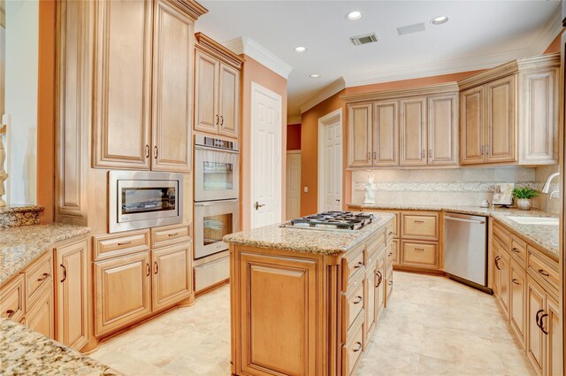 3207 Riviera Dr, Sugar Land, TX 77479 - kitchen with stainless steel appliances, a warming drawer, light stone countertops, recessed lighting, and decorative backsplash