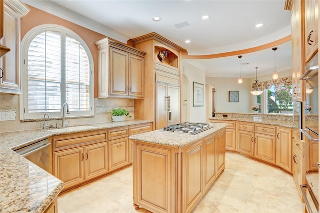 3207 Riviera Dr, Sugar Land, TX 77479 - kitchen with appliances with stainless steel finishes, light stone countertops, a peninsula, decorative backsplash, and recessed lighting