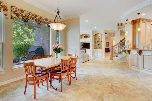 3207 Riviera Dr, Sugar Land, TX 77479 - dining space with stairs, crown molding, built in shelves, and recessed lighting