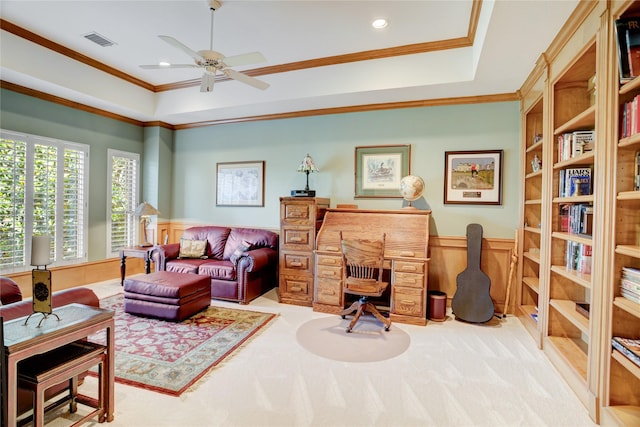 3207 Riviera Dr, Sugar Land, TX 77479 - office area with wainscoting, ornamental molding, ceiling fan, carpet flooring, and recessed lighting