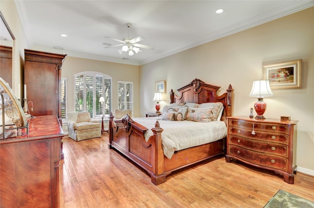 3207 Riviera Dr, Sugar Land, TX 77479 - bedroom with light wood-type flooring, crown molding, recessed lighting, and ceiling fan