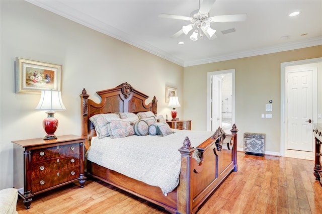 3207 Riviera Dr, Sugar Land, TX 77479 - bedroom with light wood-style flooring, ornamental molding, recessed lighting, ceiling fan, and ensuite bathroom