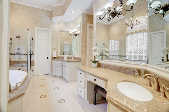 3207 Riviera Dr, Sugar Land, TX 77479 - full bathroom with a chandelier, a shower stall, tile patterned floors, ornamental molding, and a bath