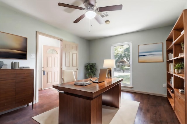 5402 Sheraton Oaks Dr, Houston, TX 77091 - home office featuring a ceiling fan and dark wood-type flooring
