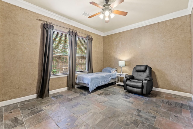 3602 Vashon Ln, Spring, TX 77388 - bedroom featuring stone tile flooring, ornamental molding, and ceiling fan