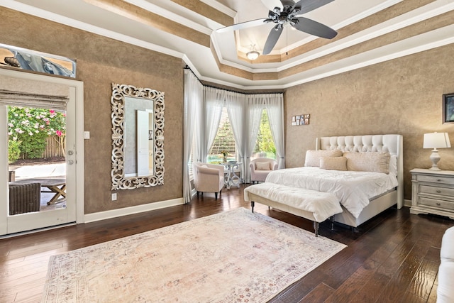 3602 Vashon Ln, Spring, TX 77388 - bedroom with crown molding, hardwood / wood-style floors, access to outside, and a tray ceiling