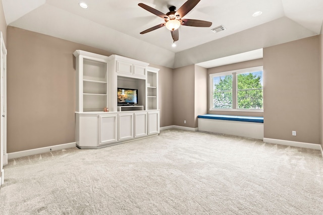 3602 Vashon Ln, Spring, TX 77388 - unfurnished living room with a ceiling fan, carpet flooring, lofted ceiling, and recessed lighting