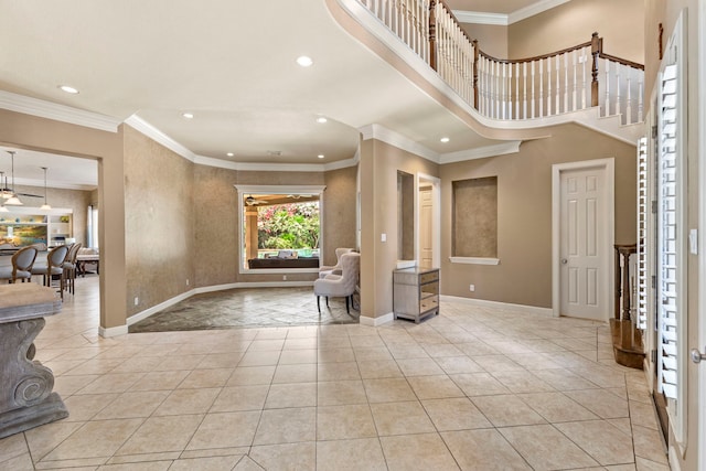 3602 Vashon Ln, Spring, TX 77388 - foyer with recessed lighting, crown molding, tile patterned floors, and stairway