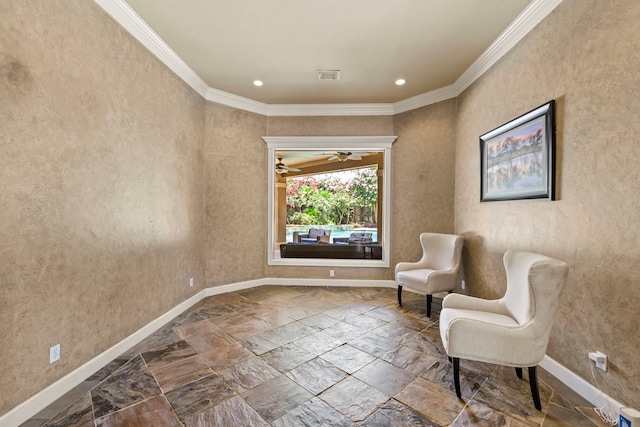 3602 Vashon Ln, Spring, TX 77388 - sitting room featuring crown molding, stone finish flooring, recessed lighting, and a ceiling fan
