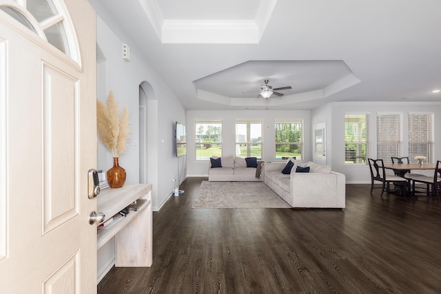 2018 Rd 660, Dayton, TX 77535 - living room with a tray ceiling, dark wood-style flooring, ceiling fan, ornamental molding, and recessed lighting