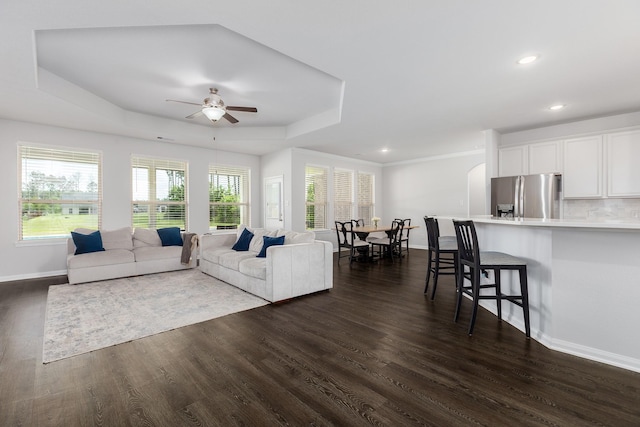 2018 Rd 660, Dayton, TX 77535 - living area featuring ceiling fan, dark wood finished floors, a tray ceiling, and recessed lighting