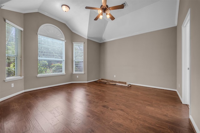 5531 Cherish Trl, Katy, TX 77494 - empty room featuring ceiling fan, wood finished floors, vaulted ceiling, and ornamental molding