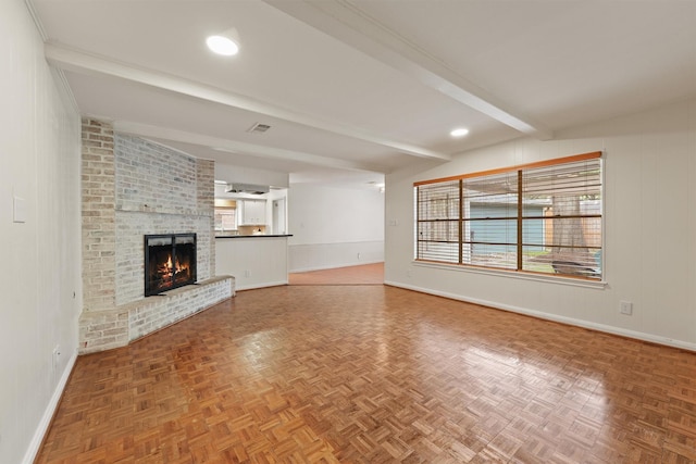 12510 Deep Spring Ln, Houston, TX 77077 - unfurnished living room with beamed ceiling and a brick fireplace