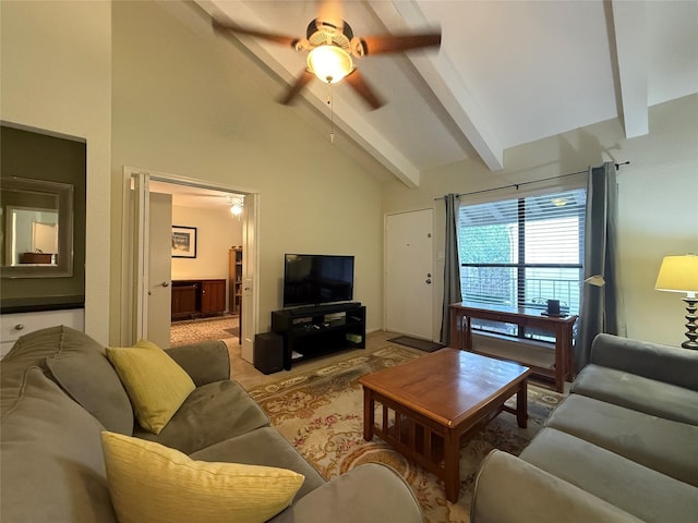 5711 Sugar Hill Dr Unit 46, Houston, TX 77057 - living room featuring a ceiling fan, beamed ceiling, and high vaulted ceiling