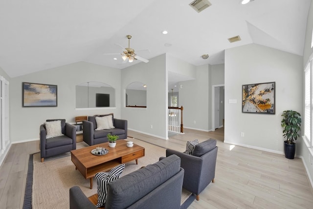 1622 Maryvale Dr, Katy, TX 77494 - living room featuring vaulted ceiling, light wood finished floors, healthy amount of natural light, and a ceiling fan