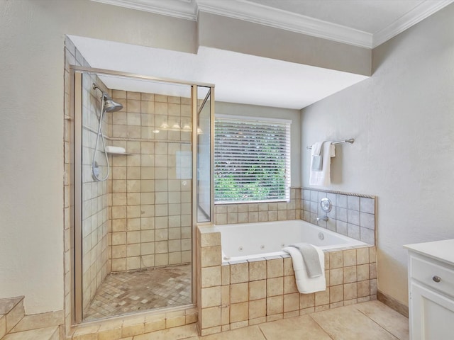 1227 Redwood Bough Ln, Houston, TX 77062 - full bath with a jetted tub, a stall shower, tile patterned floors, ornamental molding, and vanity