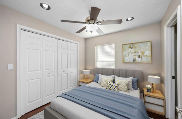 1115 Alber St, Houston, TX 77009 - bedroom featuring a closet, recessed lighting, ceiling fan, and dark wood-style flooring