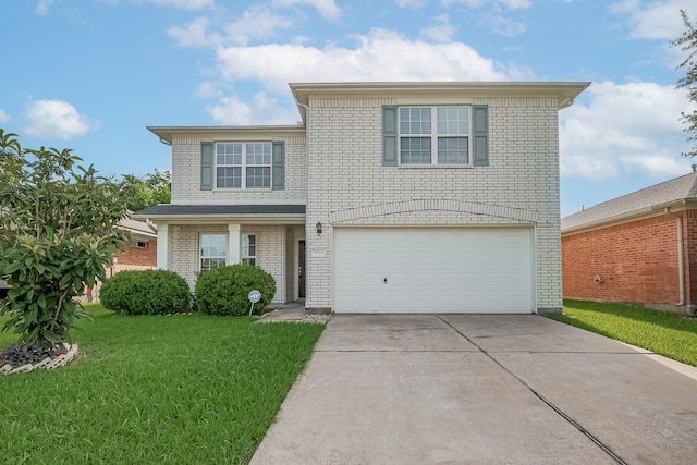9714 Angleside Ln, Sugar Land, TX 77498 - traditional home with an attached garage, concrete driveway, a front yard, and brick siding